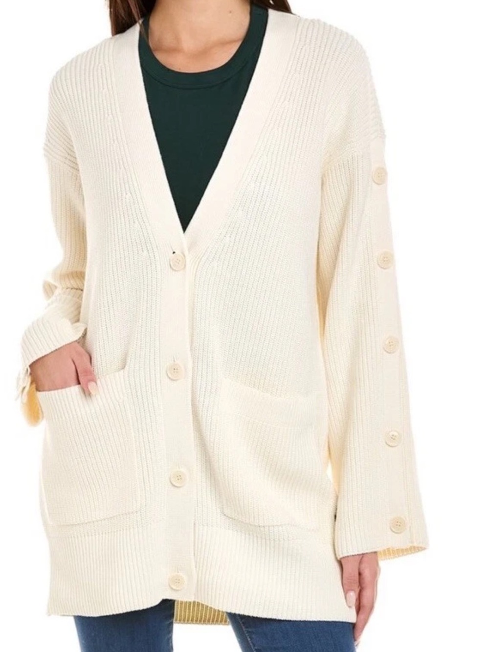 Hugo Boss Flondra Women’s Cream Cotton Silk Ribbed V Neck Cardigan Pockets Med